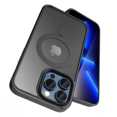 Apple iPhone 15 Pro „Mocolo“ Rubberized MagSafe silikoninis skaidrus permatomas dėklas su juodu rėmeliu | Priedai.lt