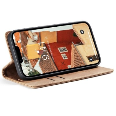 Apple iPhone 15 CaseMe Retro solidus atverčiamas šviesiai rudas odinis dėklas - knygutė | Priedai.lt