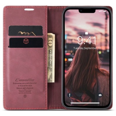 Apple iPhone 15 Plus CaseMe Retro solidus atverčiamas bordo odinis dėklas - knygutė | Priedai.lt