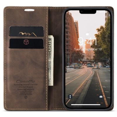 Apple iPhone 15 Pro Max CaseMe Retro solidus atverčiamas tamsiai rudas odinis dėklas - knygutė | Priedai.lt
