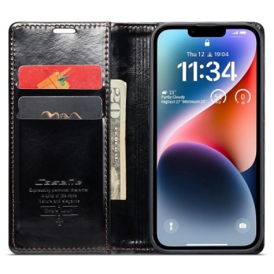 Apple iPhone 15 „CaseMe“ Leather solidus atverčiamas juodas odinis dėklas - knygutė | Priedai.lt
