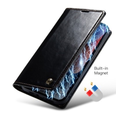 Apple iPhone 15 „CaseMe“ Leather solidus atverčiamas juodas odinis dėklas - knygutė | Priedai.lt