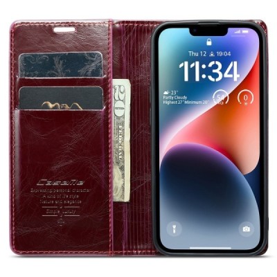 Apple iPhone 15 „CaseMe“ Leather solidus atverčiamas bordo odinis dėklas - knygutė | Priedai.lt