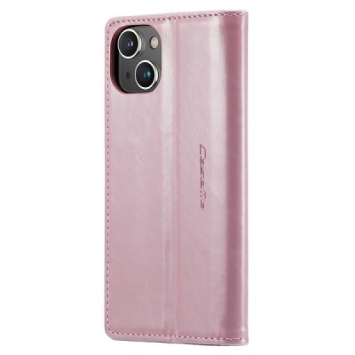 Apple iPhone 15 „CaseMe“ Leather solidus atverčiamas rožinis odinis dėklas - knygutė | Priedai.lt