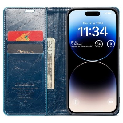 Apple iPhone 15 Pro Max „CaseMe“ Leather solidus atverčiamas mėlynas odinis dėklas - knygutė | Priedai.lt