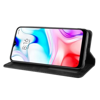 Xiaomi Redmi 8 Vintage juodas odinis atverčiamas dėklas - knygutė su magnetu | Priedai.lt