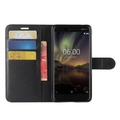 Nokia 6 2018 ir Nokia 6.1 „Litchi“ atverčiamas juodas odinis dėklas - piniginė | Priedai.lt
