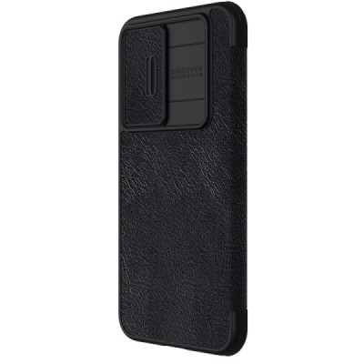 Prabangus „Nillkin“ Qin Pro serijos juodas odinis atverčiamas Samsung Galaxy S23 FE (Fan Edition) dėklas | Priedai.lt