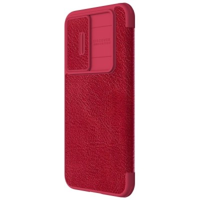Prabangus „Nillkin“ Qin Pro serijos raudonas odinis atverčiamas Samsung Galaxy S23 FE (Fan Edition) dėklas | Priedai.lt