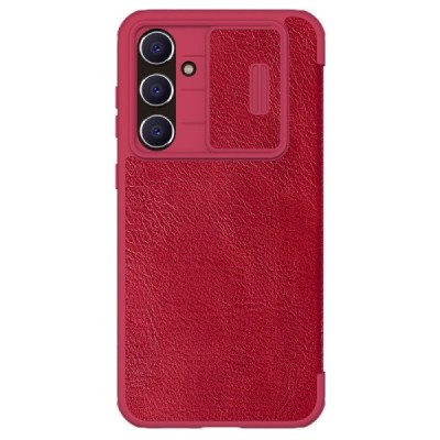 Prabangus „Nillkin“ Qin Pro serijos raudonas odinis atverčiamas Samsung Galaxy S23 FE (Fan Edition) dėklas | Priedai.lt