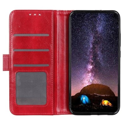 Samsung Galaxy S23 FE (Fan Edition) atverčiamas raudonas odinis dėklas, knygutė - piniginė | Priedai.lt