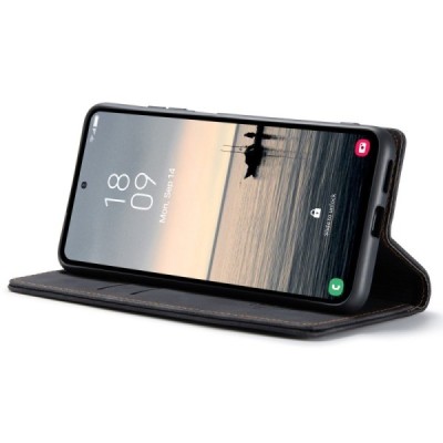 Samsung Galaxy S23 FE (Fan Edition) CaseMe Retro solidus atverčiamas juodas odinis dėklas - knygutė | Priedai.lt